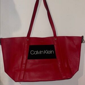 Calvin Klein Red Shoulder Tote with Logo Panel